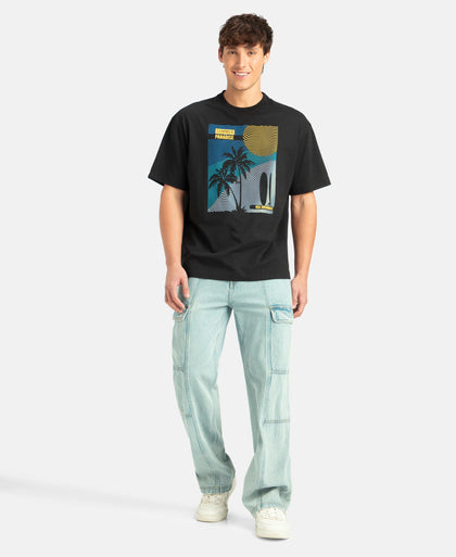 Super Combed Cotton Rich Graphic Printed Oversized T-Shirt - Black