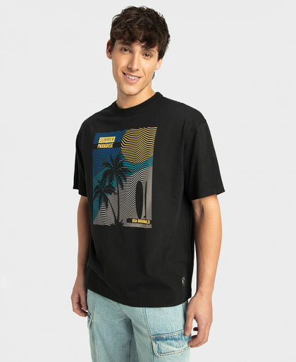 Super Combed Cotton Rich Graphic Printed Oversized T-Shirt - Black