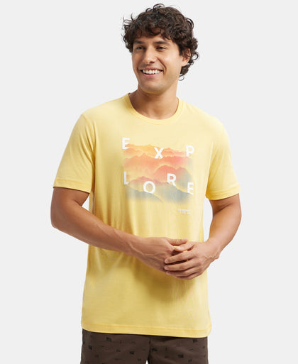Super Combed Cotton Rich Graphic Printed Round Neck Half Sleeve T-Shirt - Corn Silk USA