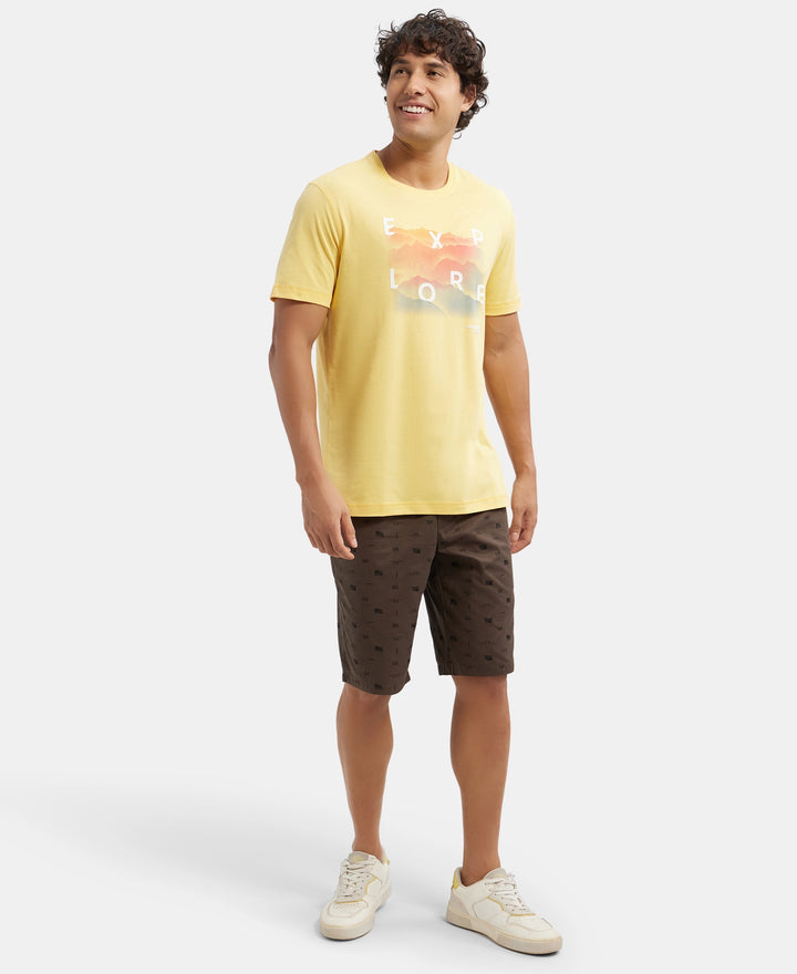 Super Combed Cotton Rich Graphic Printed Round Neck Half Sleeve T-Shirt - Corn Silk USA