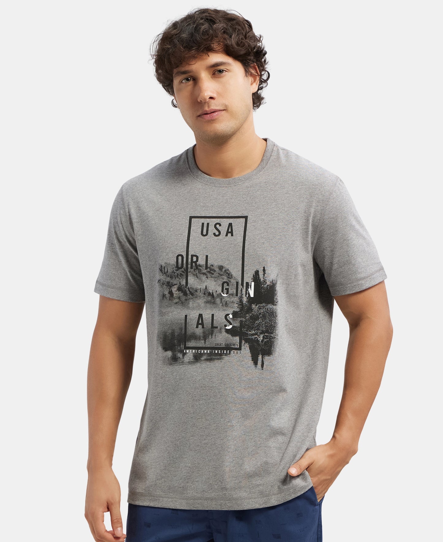 Super Combed Cotton Rich Graphic Printed Round Neck Half Sleeve T-Shirt - Mid Grey Melange USA