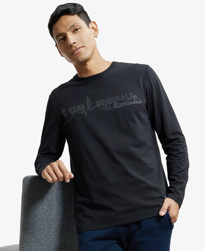 Super Combed Cotton Rich Graphic Printed Round Neck Full Sleeve T-Shirt - Black