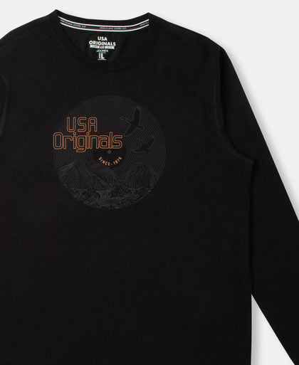 Super Combed Cotton Rich Graphic Printed Round Neck Full Sleeve T-Shirt - Black USA