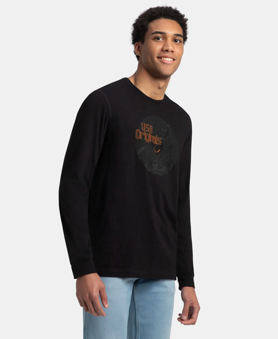 Super Combed Cotton Rich Graphic Printed Round Neck Full Sleeve T-Shirt - Black USA