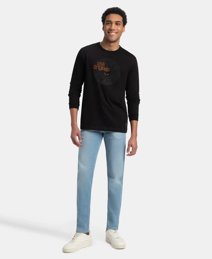 Super Combed Cotton Rich Graphic Printed Round Neck Full Sleeve T-Shirt - Black USA