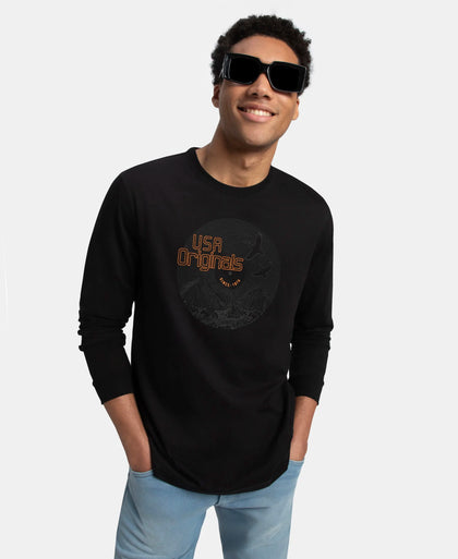 Super Combed Cotton Rich Graphic Printed Round Neck Full Sleeve T-Shirt - Black USA