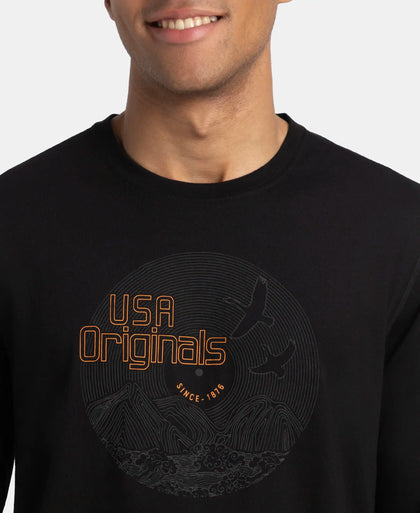 Super Combed Cotton Rich Graphic Printed Round Neck Full Sleeve T-Shirt - Black USA