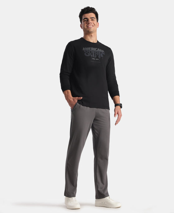 Super Combed Cotton Rich Graphic Printed Round Neck Full Sleeve T-Shirt - Black New