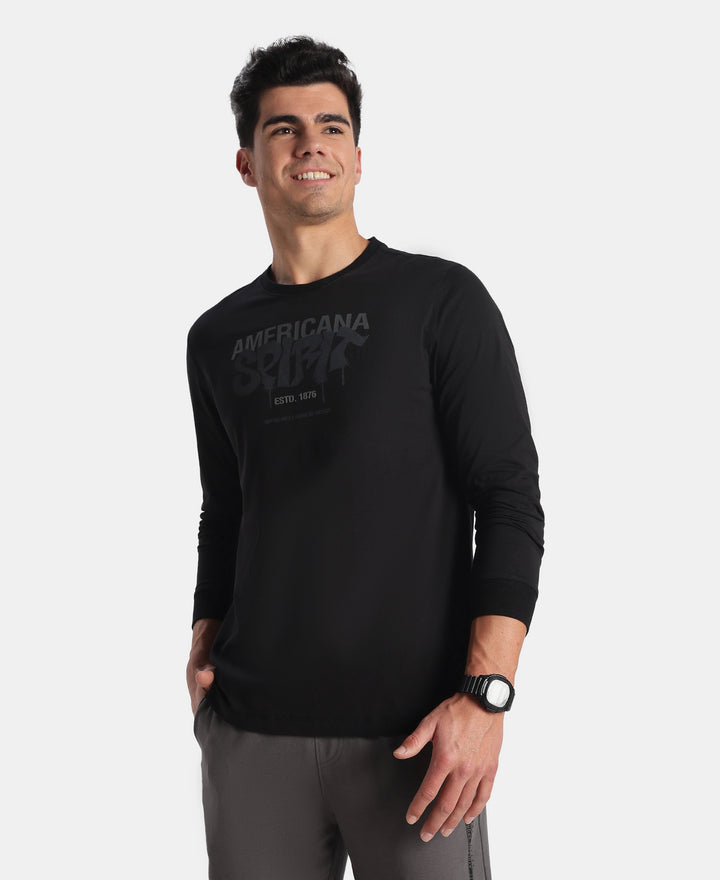 Super Combed Cotton Rich Graphic Printed Round Neck Full Sleeve T-Shirt - Black New