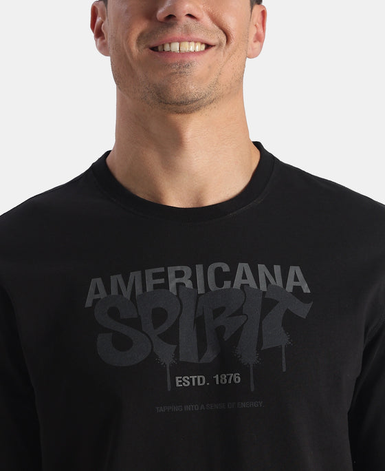 Super Combed Cotton Rich Graphic Printed Round Neck Full Sleeve T-Shirt - Black New