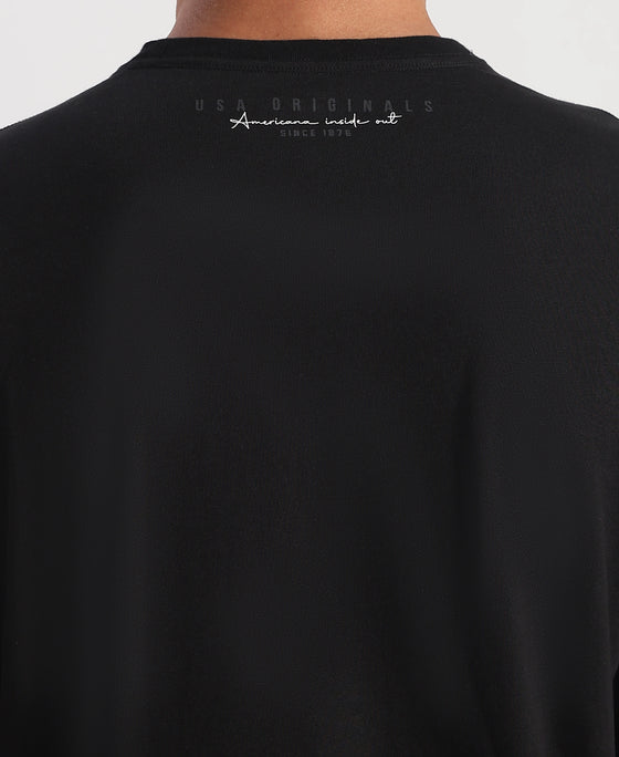 Super Combed Cotton Rich Graphic Printed Round Neck Full Sleeve T-Shirt - Black New