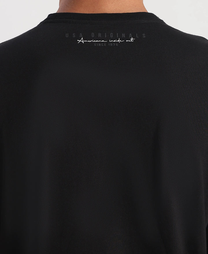 Super Combed Cotton Rich Graphic Printed Round Neck Full Sleeve T-Shirt - Black New