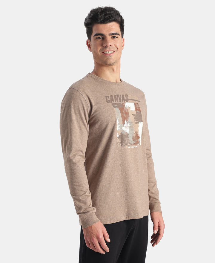 Super Combed Cotton Rich Graphic Printed Round Neck Full Sleeve T-Shirt - Brownie Melange