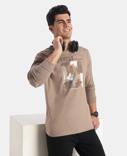 Super Combed Cotton Rich Graphic Printed Round Neck Full Sleeve T-Shirt - Brownie Melange
