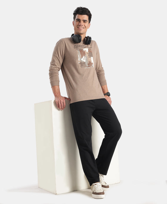 Super Combed Cotton Rich Graphic Printed Round Neck Full Sleeve T-Shirt - Brownie Melange