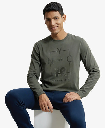 Super Combed Cotton Rich Graphic Printed Round Neck Full Sleeve T-Shirt - Deep Olive