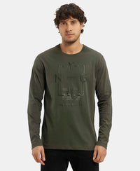 Super Combed Cotton Rich Graphic Printed Round Neck Full Sleeve T-Shirt - Deep Olive-1