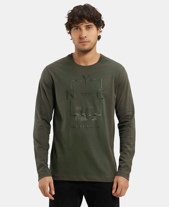 Super Combed Cotton Rich Graphic Printed Round Neck Full Sleeve T-Shirt - Deep Olive-1