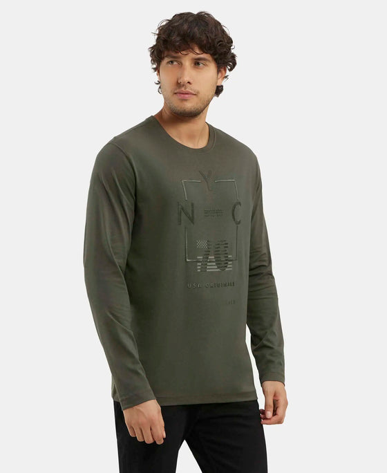 Super Combed Cotton Rich Graphic Printed Round Neck Full Sleeve T-Shirt - Deep Olive-2