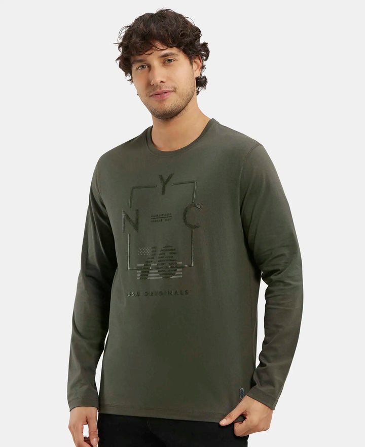 Super Combed Cotton Rich Graphic Printed Round Neck Full Sleeve T-Shirt - Deep Olive-5