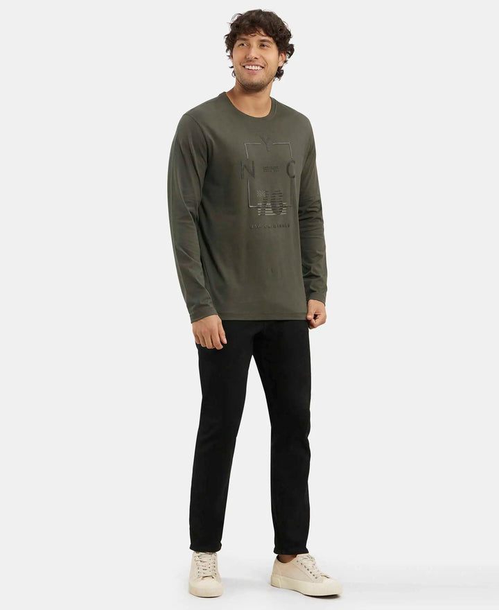 Super Combed Cotton Rich Graphic Printed Round Neck Full Sleeve T-Shirt - Deep Olive-6