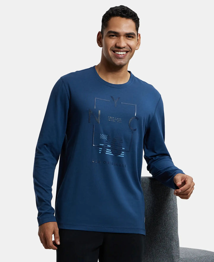 Super Combed Cotton Rich Graphic Printed Round Neck Full Sleeve T-Shirt - Insignia Blue