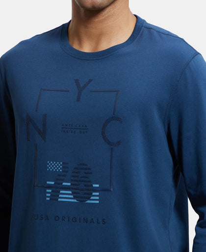 Super Combed Cotton Rich Graphic Printed Round Neck Full Sleeve T-Shirt - Insignia Blue