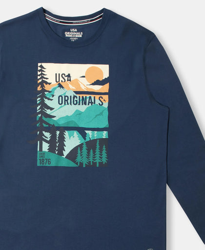 Super Combed Cotton Rich Graphic Printed Round Neck Full Sleeve T-Shirt - Insignia Blue USA