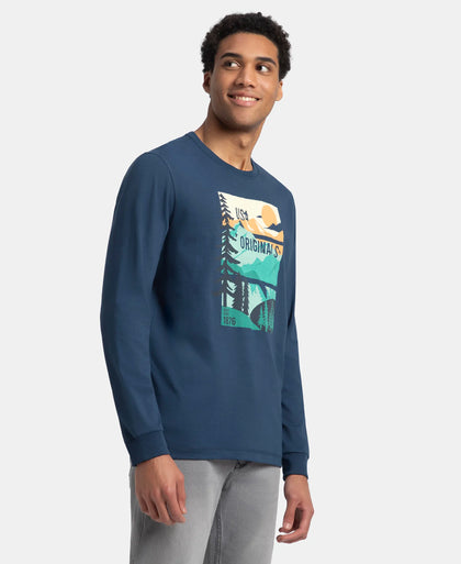 Super Combed Cotton Rich Graphic Printed Round Neck Full Sleeve T-Shirt - Insignia Blue USA