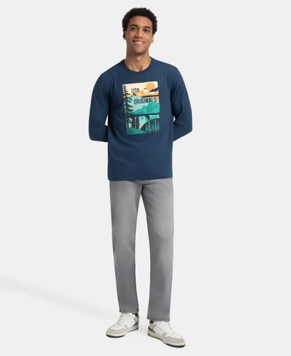 Super Combed Cotton Rich Graphic Printed Round Neck Full Sleeve T-Shirt - Insignia Blue USA