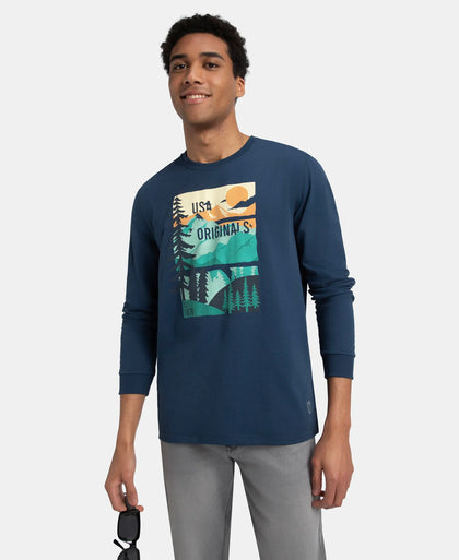 Super Combed Cotton Rich Graphic Printed Round Neck Full Sleeve T-Shirt - Insignia Blue USA