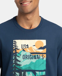 Super Combed Cotton Rich Graphic Printed Round Neck Full Sleeve T-Shirt - Insignia Blue USA