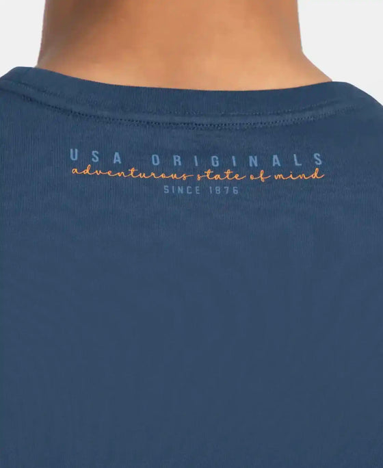 Super Combed Cotton Rich Graphic Printed Round Neck Full Sleeve T-Shirt - Insignia Blue USA
