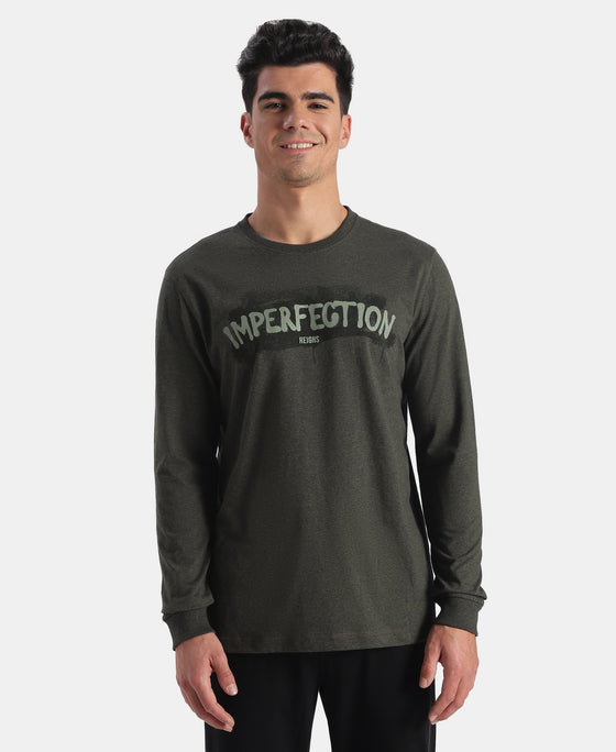 Super Combed Cotton Rich Graphic Printed Round Neck Full Sleeve T-Shirt - Olive Melange