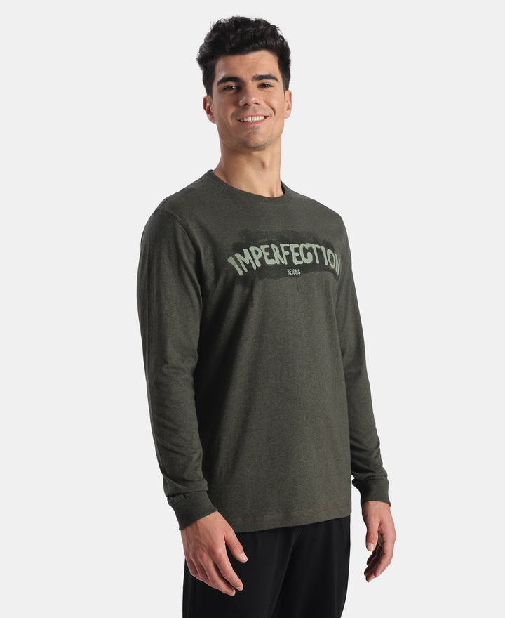 Super Combed Cotton Rich Graphic Printed Round Neck Full Sleeve T-Shirt - Olive Melange