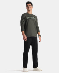 Super Combed Cotton Rich Graphic Printed Round Neck Full Sleeve T-Shirt - Olive Melange