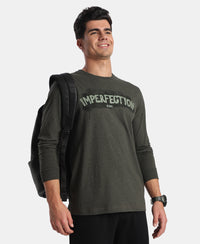 Super Combed Cotton Rich Graphic Printed Round Neck Full Sleeve T-Shirt - Olive Melange