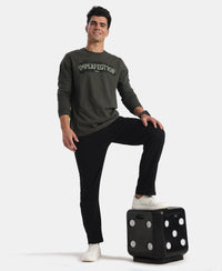 Super Combed Cotton Rich Graphic Printed Round Neck Full Sleeve T-Shirt - Olive Melange