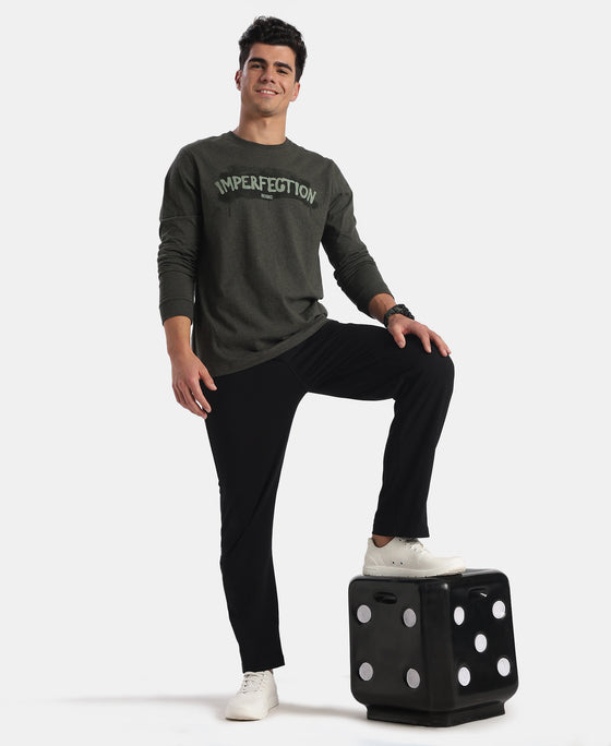 Super Combed Cotton Rich Graphic Printed Round Neck Full Sleeve T-Shirt - Olive Melange