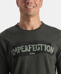 Super Combed Cotton Rich Graphic Printed Round Neck Full Sleeve T-Shirt - Olive Melange