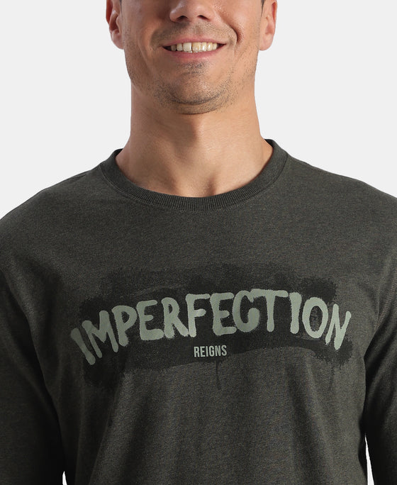 Super Combed Cotton Rich Graphic Printed Round Neck Full Sleeve T-Shirt - Olive Melange