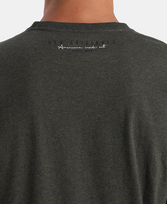 Super Combed Cotton Rich Graphic Printed Round Neck Full Sleeve T-Shirt - Olive Melange