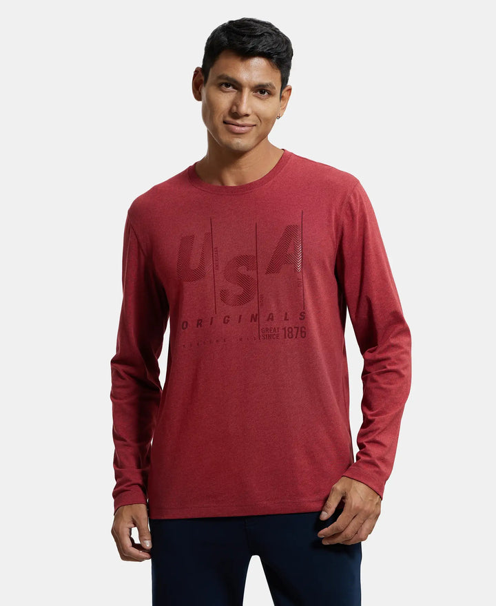 Super Combed Cotton Rich Graphic Printed Round Neck Full Sleeve T-Shirt - Red Melange