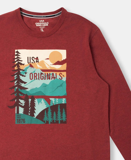 Super Combed Cotton Rich Graphic Printed Round Neck Full Sleeve T-Shirt - Red Melange USA