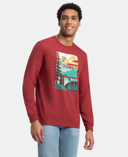 Super Combed Cotton Rich Graphic Printed Round Neck Full Sleeve T-Shirt - Red Melange USA