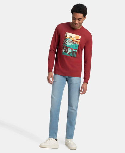 Super Combed Cotton Rich Graphic Printed Round Neck Full Sleeve T-Shirt - Red Melange USA