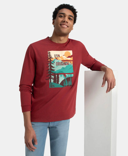 Super Combed Cotton Rich Graphic Printed Round Neck Full Sleeve T-Shirt - Red Melange USA