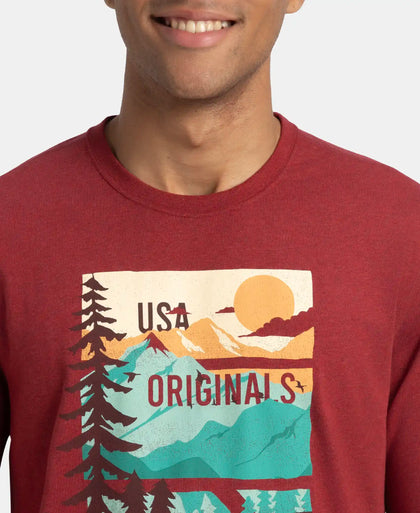 Super Combed Cotton Rich Graphic Printed Round Neck Full Sleeve T-Shirt - Red Melange USA