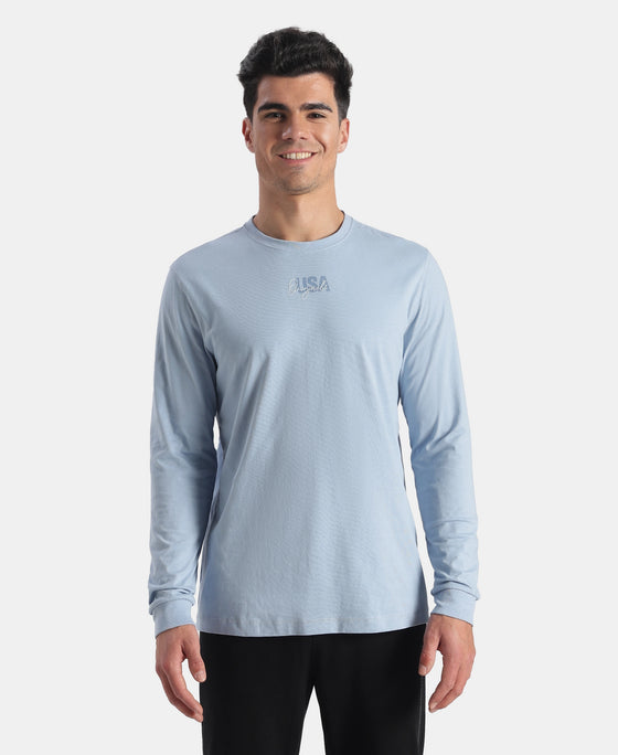 Super Combed Cotton Rich Graphic Printed Round Neck Full Sleeve T-Shirt - Soft Chambray