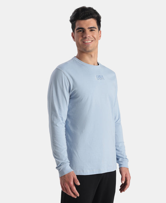 Super Combed Cotton Rich Graphic Printed Round Neck Full Sleeve T-Shirt - Soft Chambray